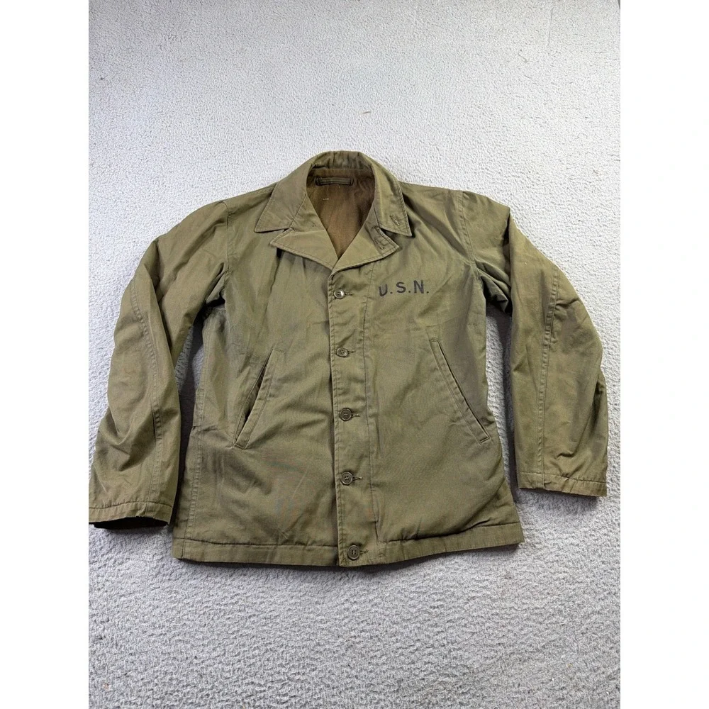 VTG WWII USN N-4 Navy Deck Jacket OD Green Talon Zip Coat Liner Stenciled Mens L
